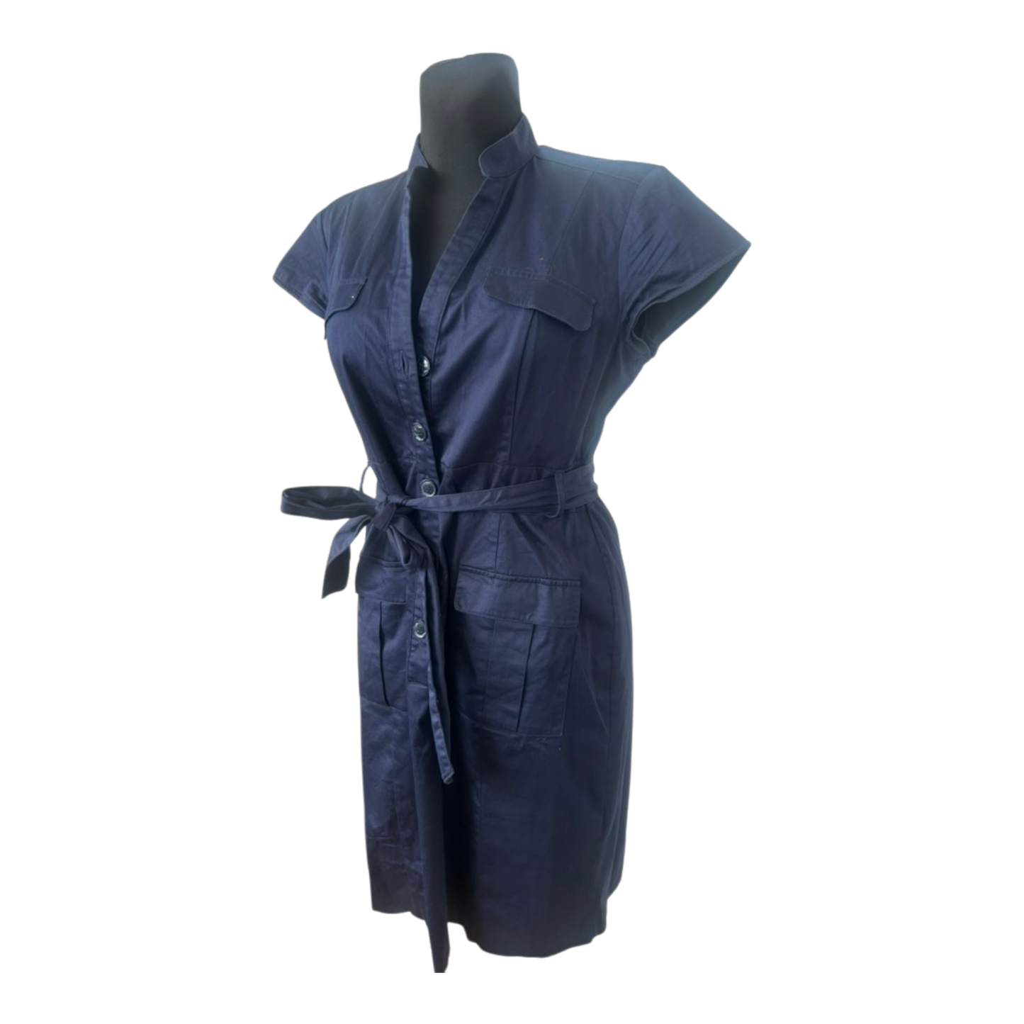 H&M Damen Hemdblusenkleid Gr. 44 Dunkelblau Baumwolle Gürtel Knopfleiste Midi