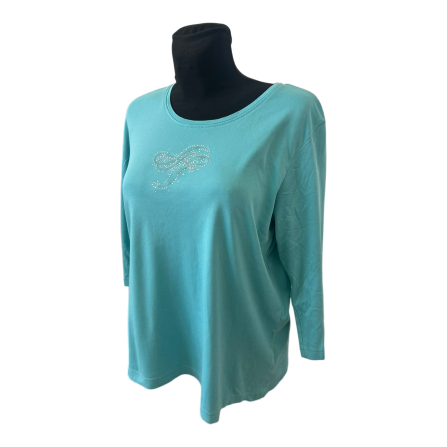 Adagio Shirt Damen Gr 46 Türkis 3/4 Arm Strass Baumwolle Elegant Sommer