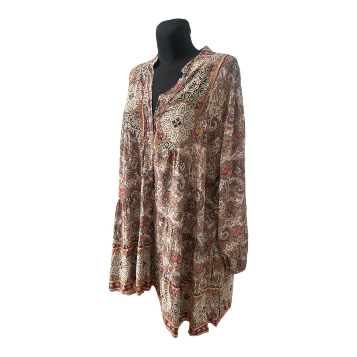 Zone One Damen Kleid Gr. 48 Paisley Boho Tunika Langarm Beige Braun Oversize