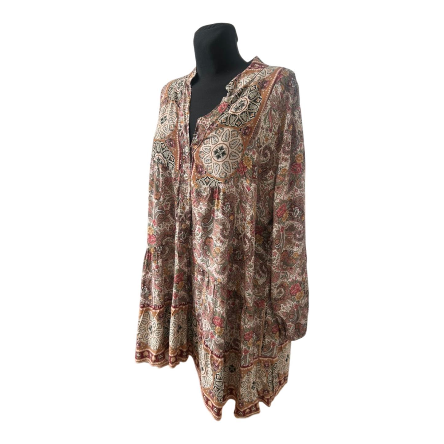 Zone One Damen Kleid Gr. 48 Paisley Boho Tunika Langarm Beige Braun Oversize