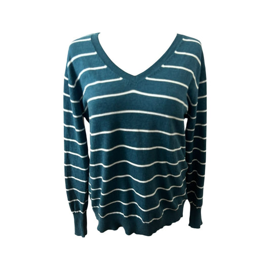 Yessica Damen Pullover XL Petrol Weiss Gestreift V Ausschnitt Feinstrick