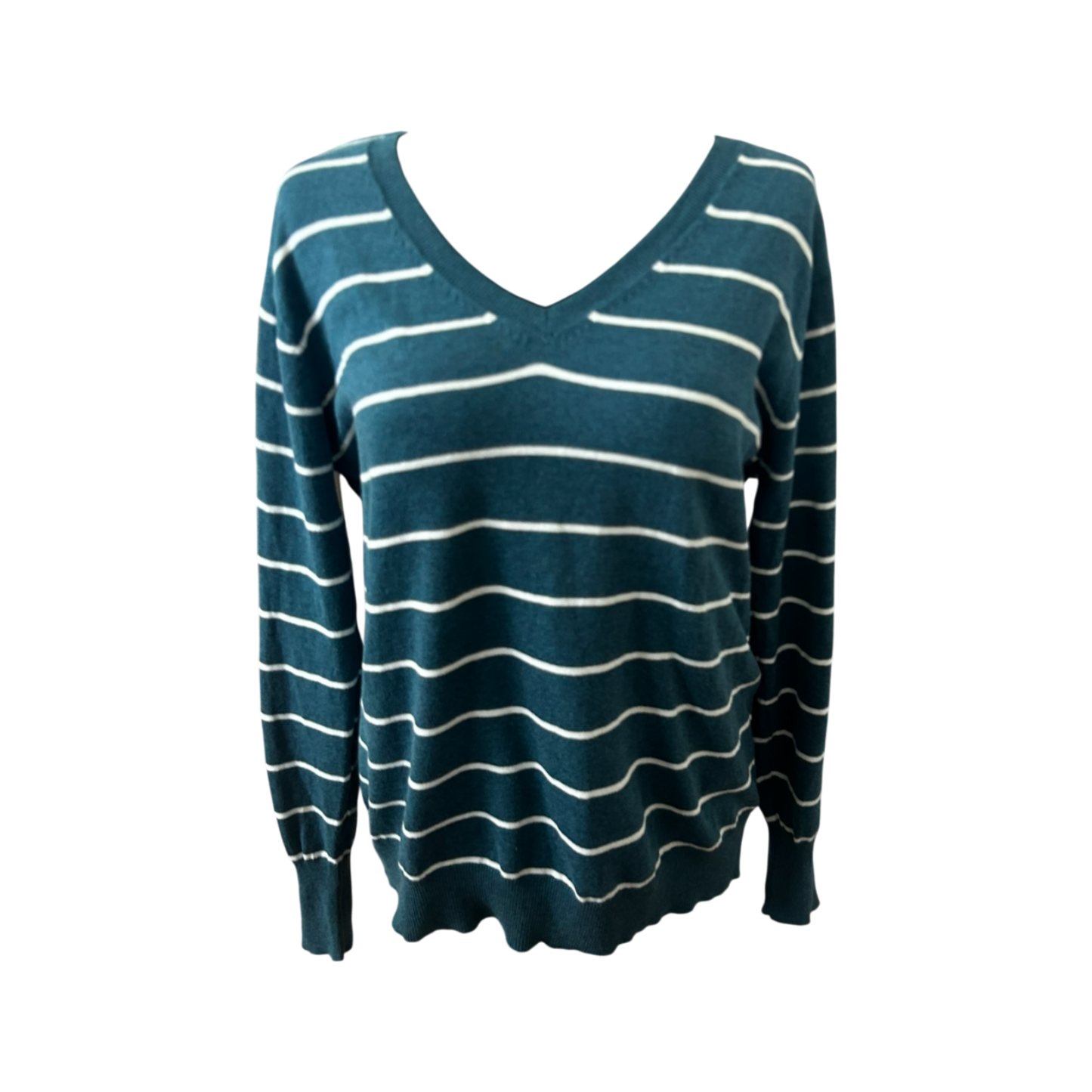 Yessica Damen Pullover XL Petrol Weiss Gestreift V Ausschnitt Feinstrick