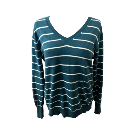 Yessica Damen Pullover XL Petrol Weiss Gestreift V Ausschnitt Feinstrick