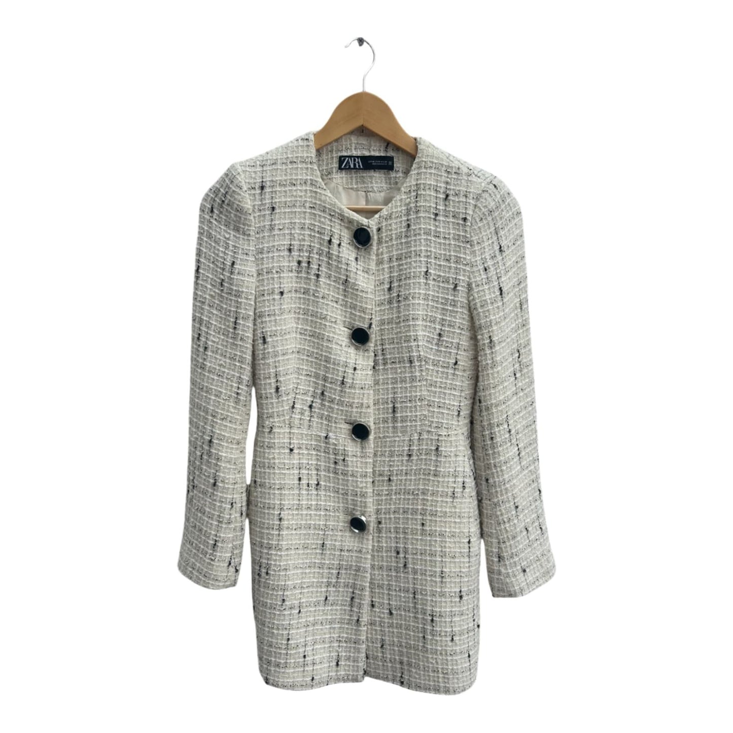 ZARA Damen Blazer Gr XS Bouclé Tweed Beige Elegant Klassisch Vintage Look