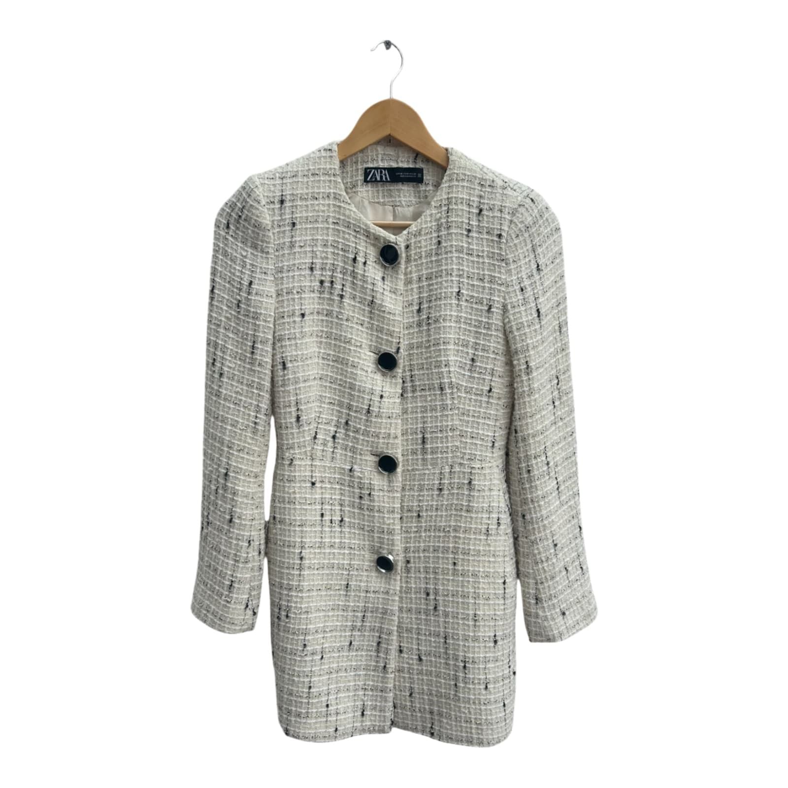 ZARA Damen Blazer Gr XS Bouclé Tweed Beige Elegant Klassisch Vintage Look