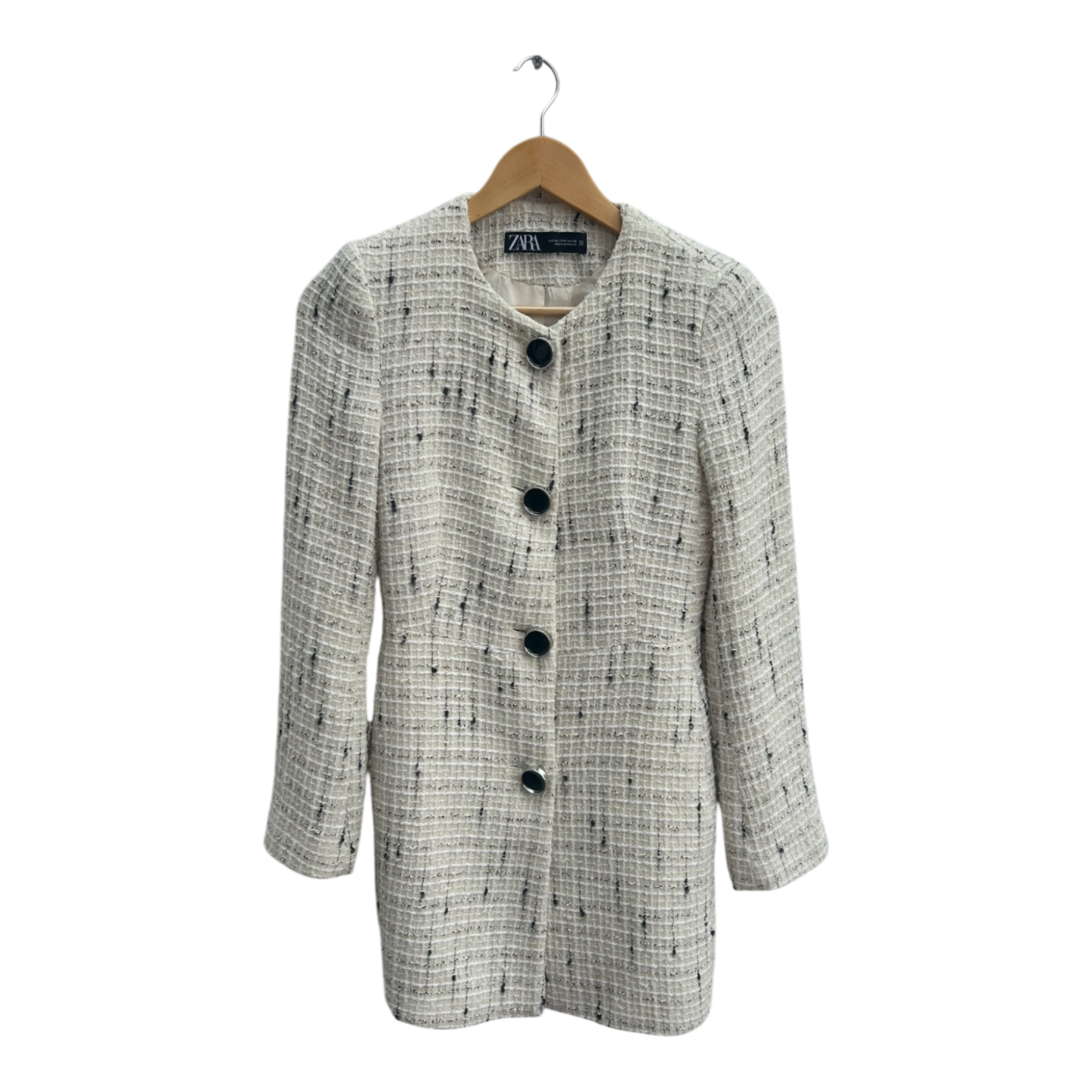 ZARA Damen Blazer Gr XS Bouclé Tweed Beige Elegant Klassisch Vintage Look