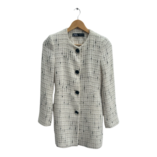 ZARA Damen Blazer Gr XS Bouclé Tweed Beige Elegant Klassisch Vintage Look