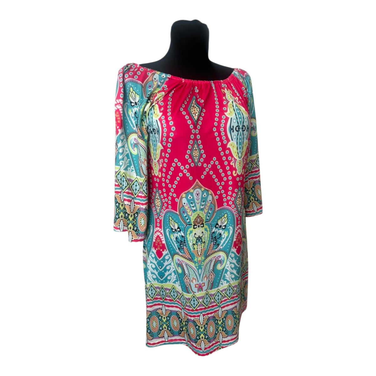Kleid Damen Gr. 2XL Pink Türkis Paisley Tunika Sommerkleid 3/4 Arm Bunt