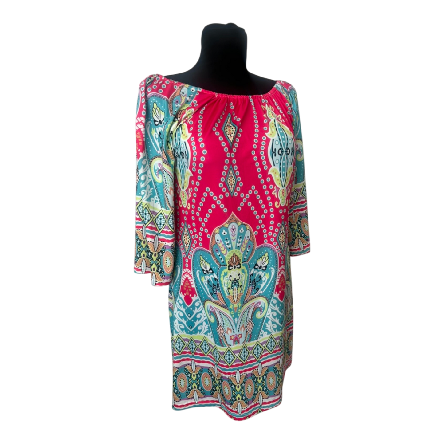 Kleid Damen Gr. 2XL Pink Türkis Paisley Tunika Sommerkleid 3/4 Arm Bunt