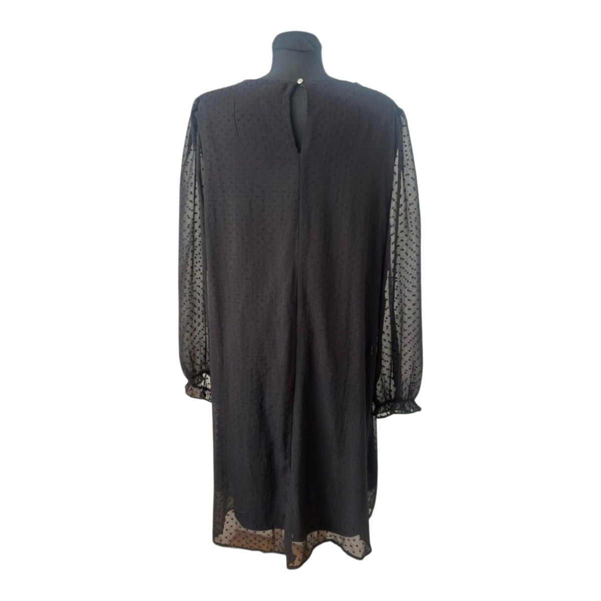 FSTVL Damen Kleid Gr. 50 Schwarz Chiffon Plissee Tupfen V-Ausschnitt Midi