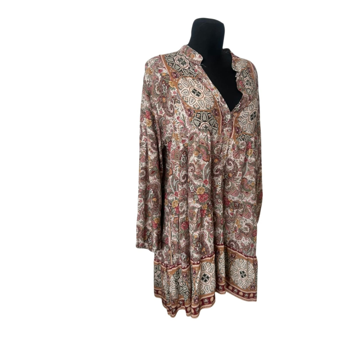 Zone One Damen Kleid Gr. 48 Paisley Boho Tunika Langarm Beige Braun Oversize