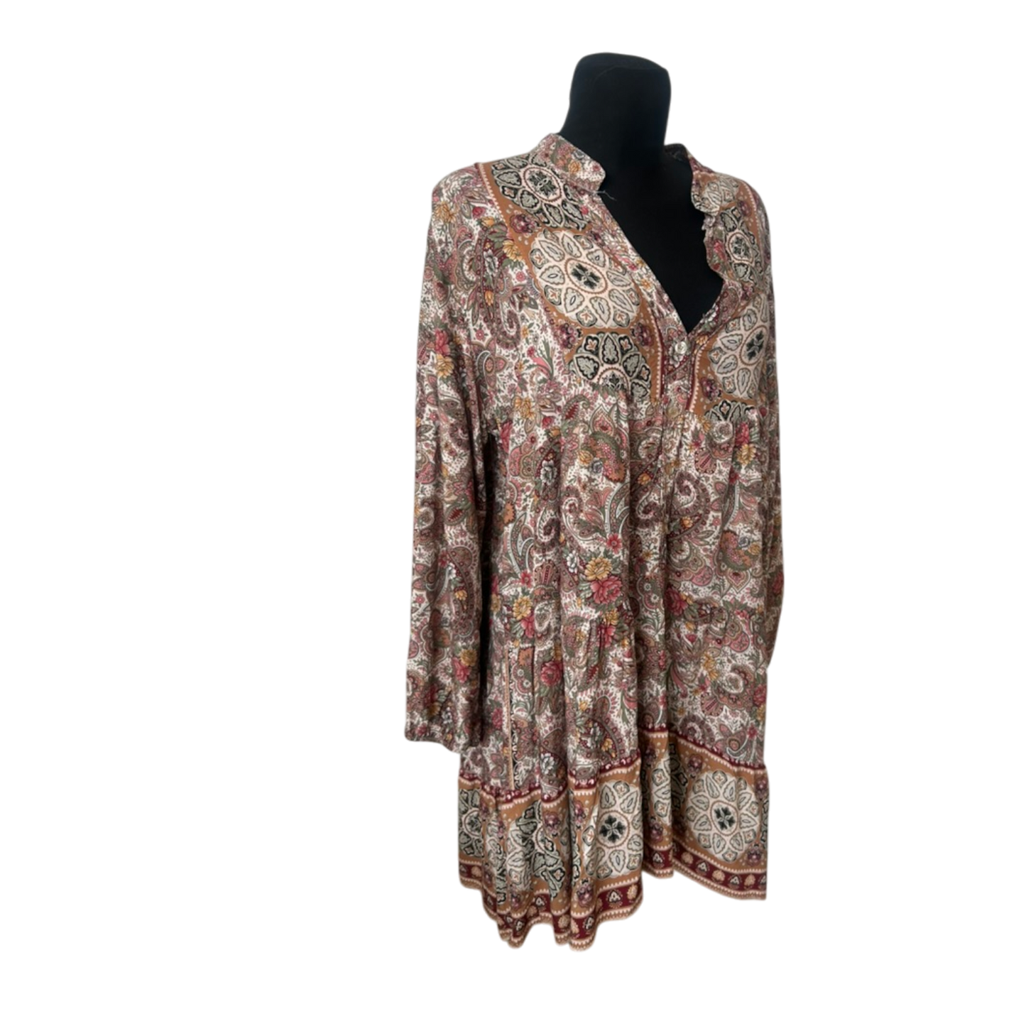 Zone One Damen Kleid Gr. 48 Paisley Boho Tunika Langarm Beige Braun Oversize