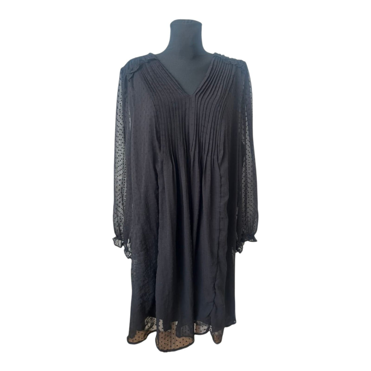 FSTVL Damen Kleid Gr. 50 Schwarz Chiffon Plissee Tupfen V-Ausschnitt Midi