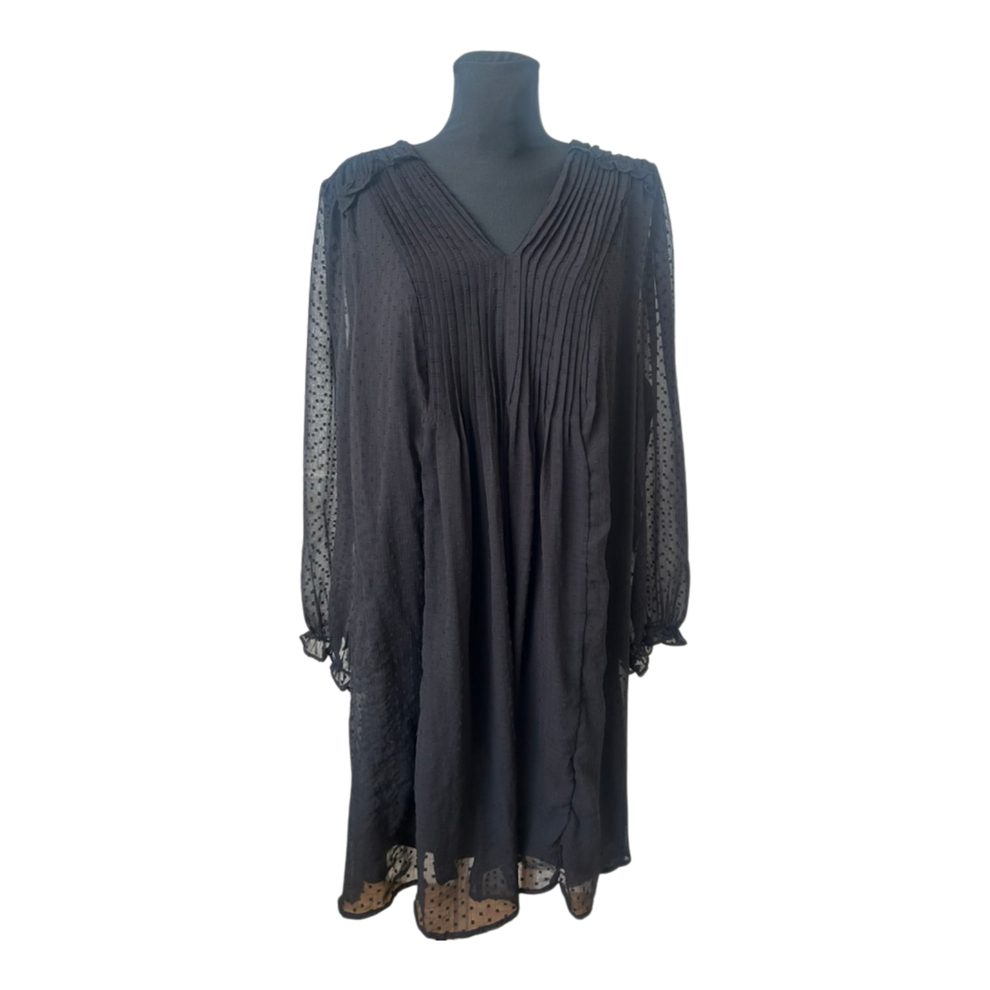 FSTVL Damen Kleid Gr. 50 Schwarz Chiffon Plissee Tupfen V-Ausschnitt Midi