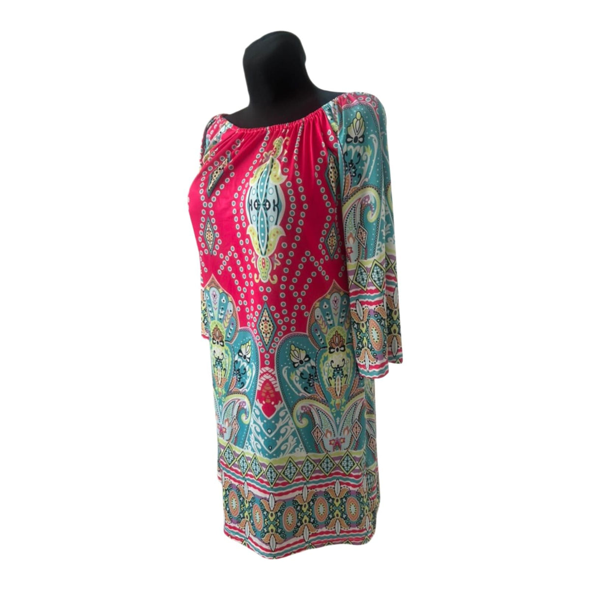 Kleid Damen Gr. 2XL Pink Türkis Paisley Tunika Sommerkleid 3/4 Arm Bunt