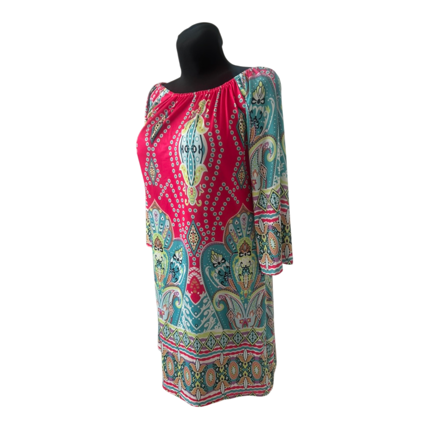 Kleid Damen Gr. 2XL Pink Türkis Paisley Tunika Sommerkleid 3/4 Arm Bunt