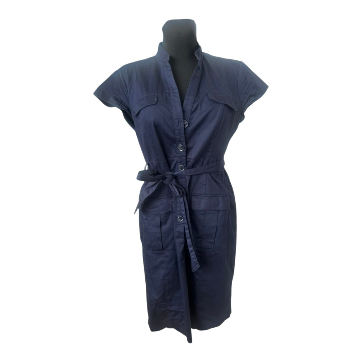 H&M Damen Hemdblusenkleid Gr. 44 Dunkelblau Baumwolle Gürtel Knopfleiste Midi