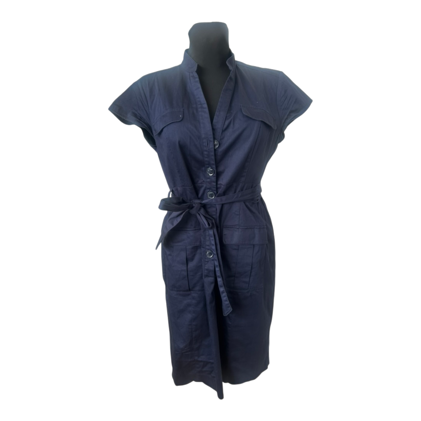 H&M Damen Hemdblusenkleid Gr. 44 Dunkelblau Baumwolle Gürtel Knopfleiste Midi