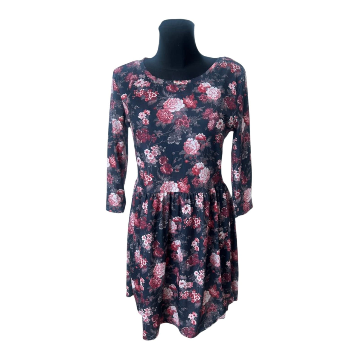 Clockhouse Damen Kleid XXL Schwarz Blumen 3/4 Arm Freizeit Stretch Jersey