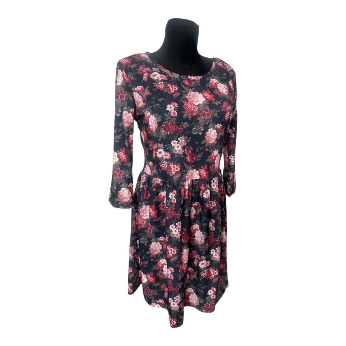 Clockhouse Damen Kleid XXL Schwarz Blumen 3/4 Arm Freizeit Stretch Jersey