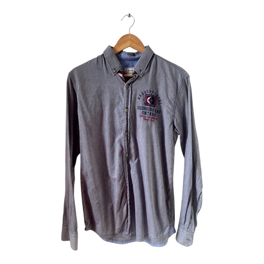 Arqueonautas Hemd Herren Gr S Grau Langarm Baumwolle Stickerei Patch Casual