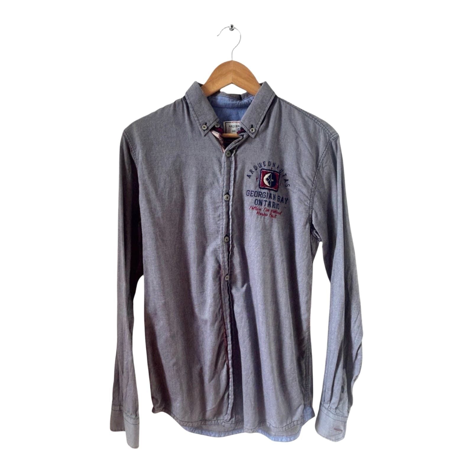 Arqueonautas Hemd Herren Gr S Grau Langarm Baumwolle Stickerei Patch Casual