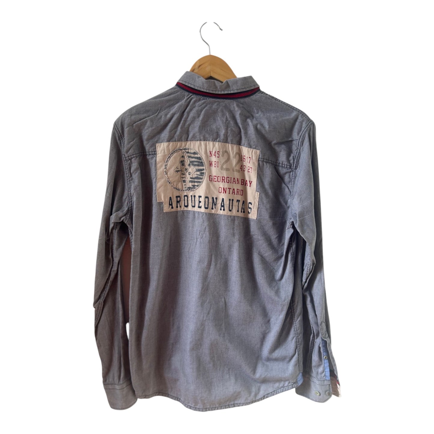 Arqueonautas Hemd Herren Gr S Grau Langarm Baumwolle Stickerei Patch Casual