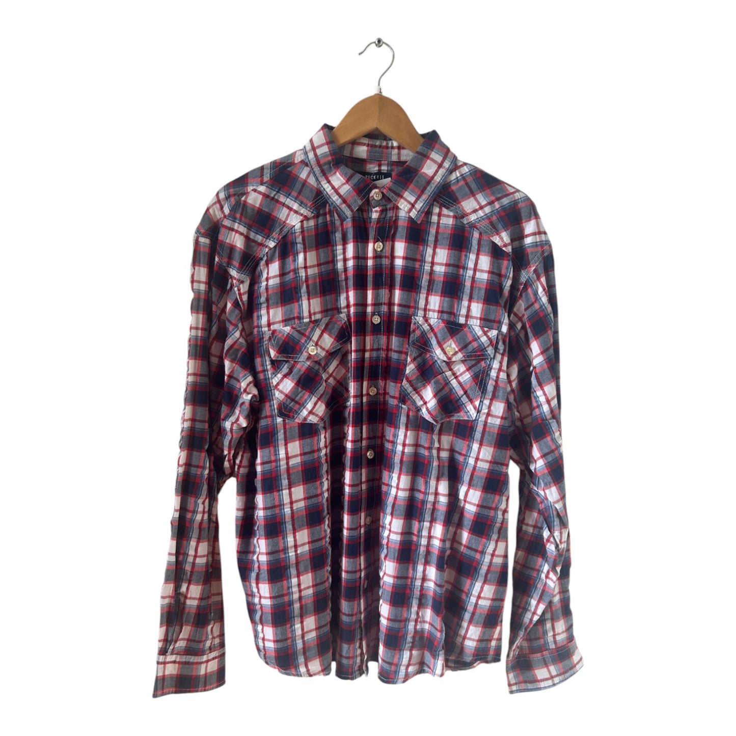 Peckott Hemd Herren Gr L Blau Rot Kariert Baumwolle Langarm Casual Freizeit