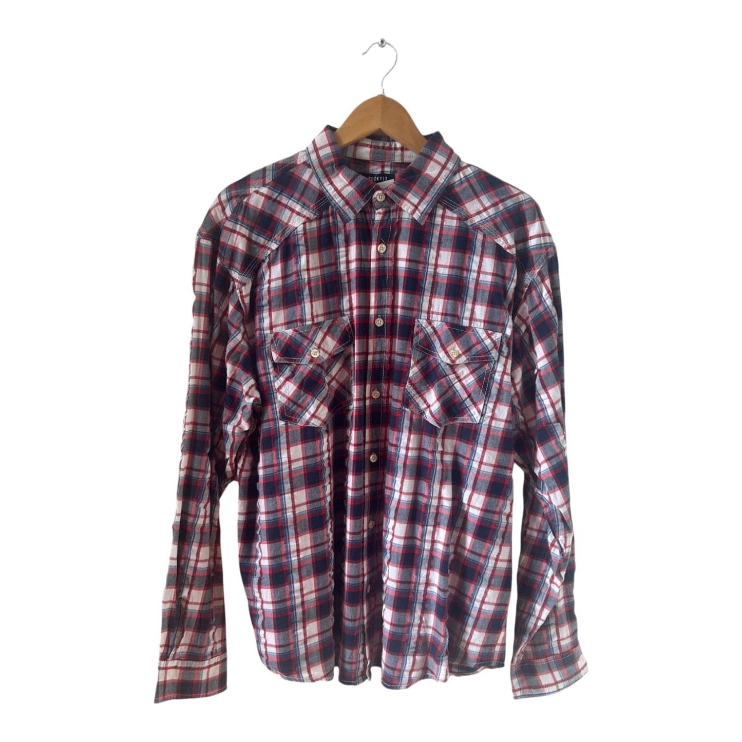 Peckott Hemd Herren Gr L Blau Rot Kariert Baumwolle Langarm Casual Freizeit