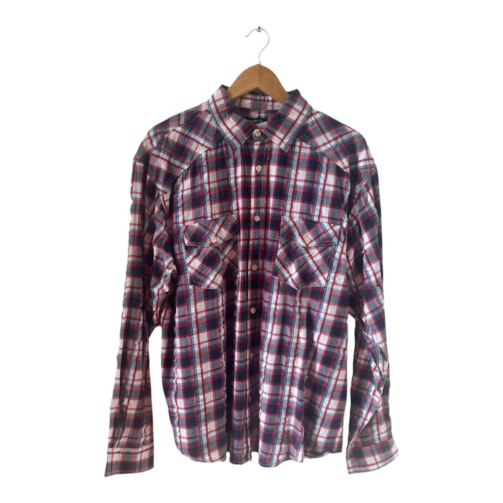 Peckott Hemd Herren Gr L Blau Rot Kariert Baumwolle Langarm Casual Freizeit
