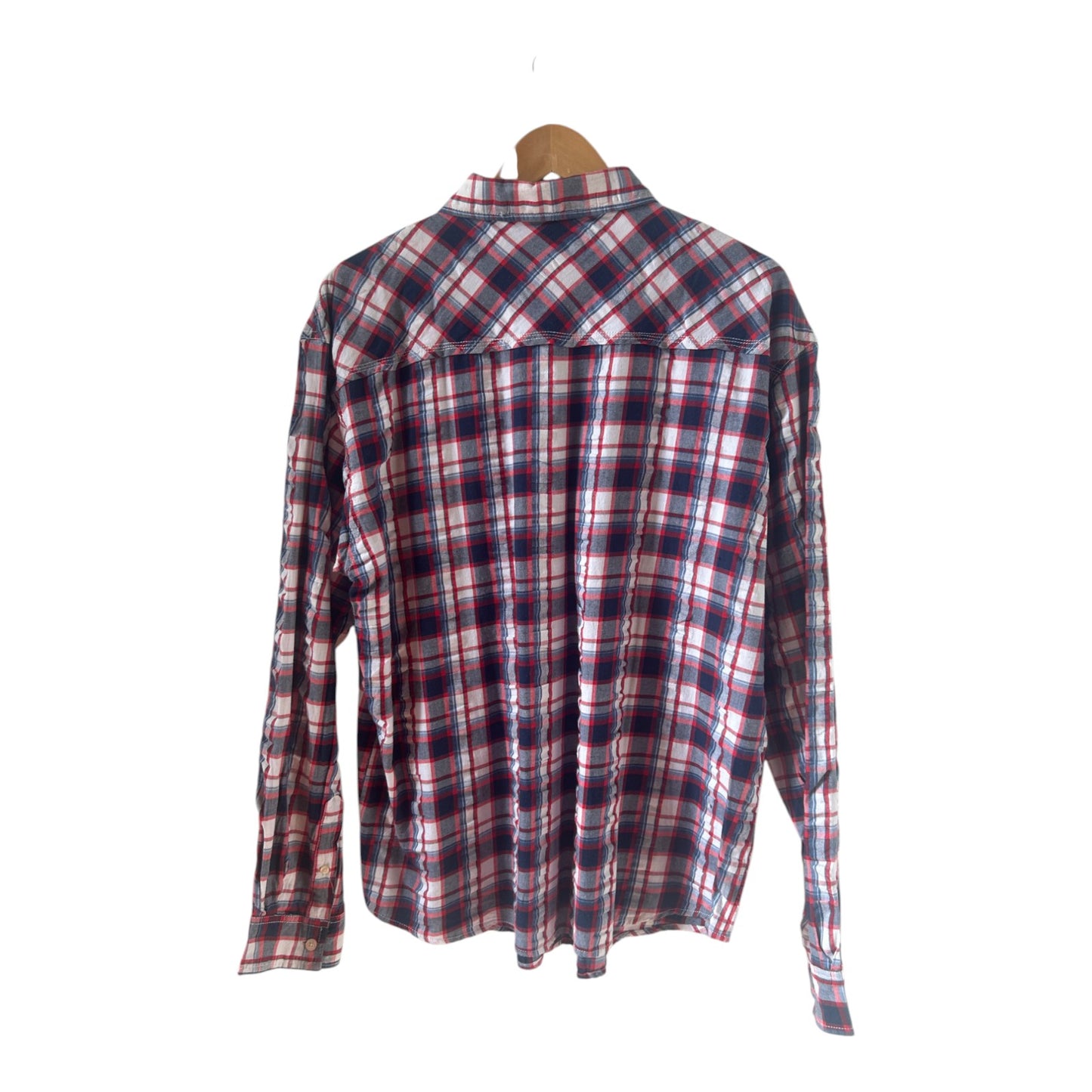 Peckott Hemd Herren Gr L Blau Rot Kariert Baumwolle Langarm Casual Freizeit