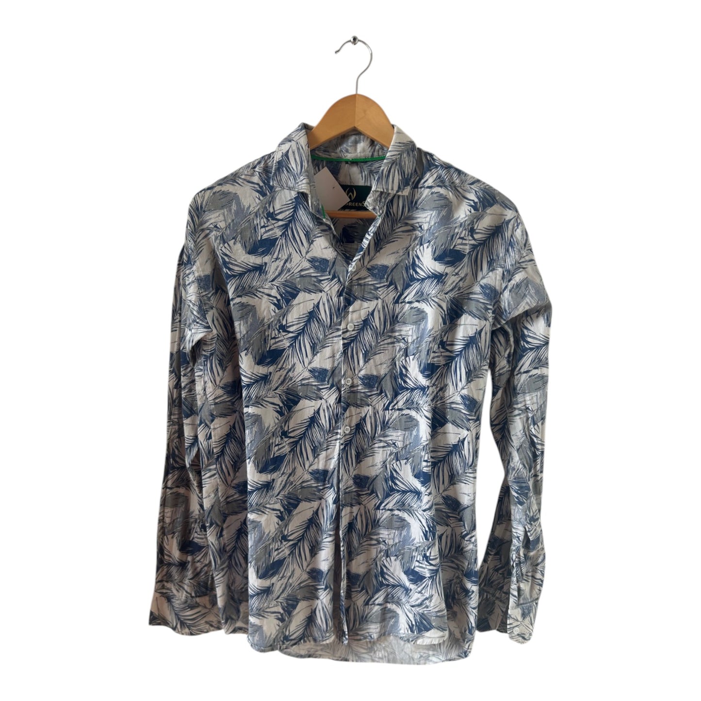 Walgreen Hemd Herren Gr L Weiß Blau Blättermuster Baumwolle Langarm Freizeit Sommer