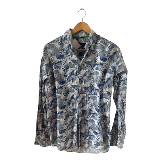 Walgreen Hemd Herren Gr L Weiß Blau Blättermuster Baumwolle Langarm Freizeit Sommer