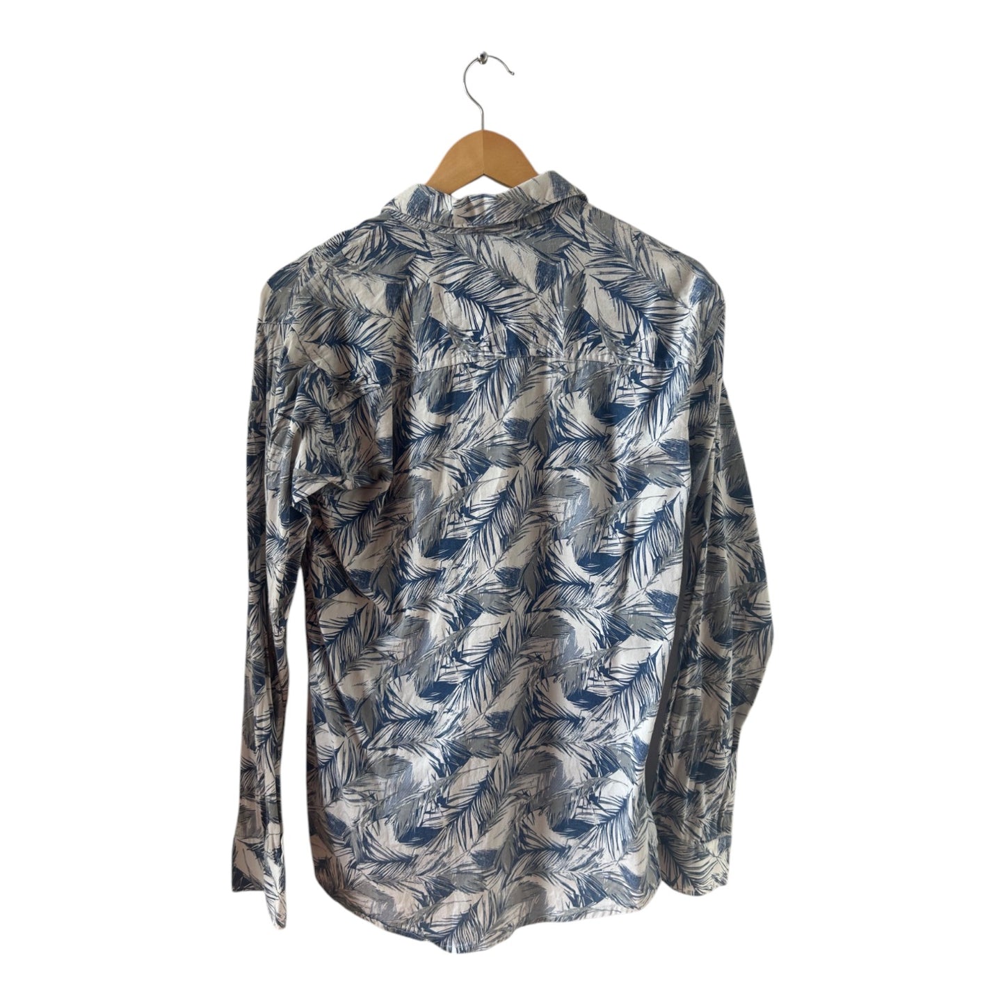 Walgreen Hemd Herren Gr L Weiß Blau Blättermuster Baumwolle Langarm Freizeit Sommer