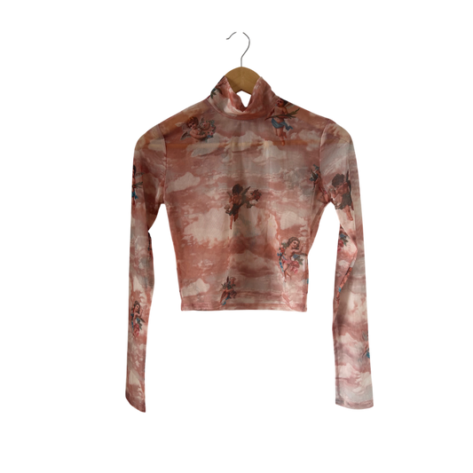 Engel Shirt Damen Mesh Bluse Top Gr M Transparent Langarm Rosa Himmel Figurbetont