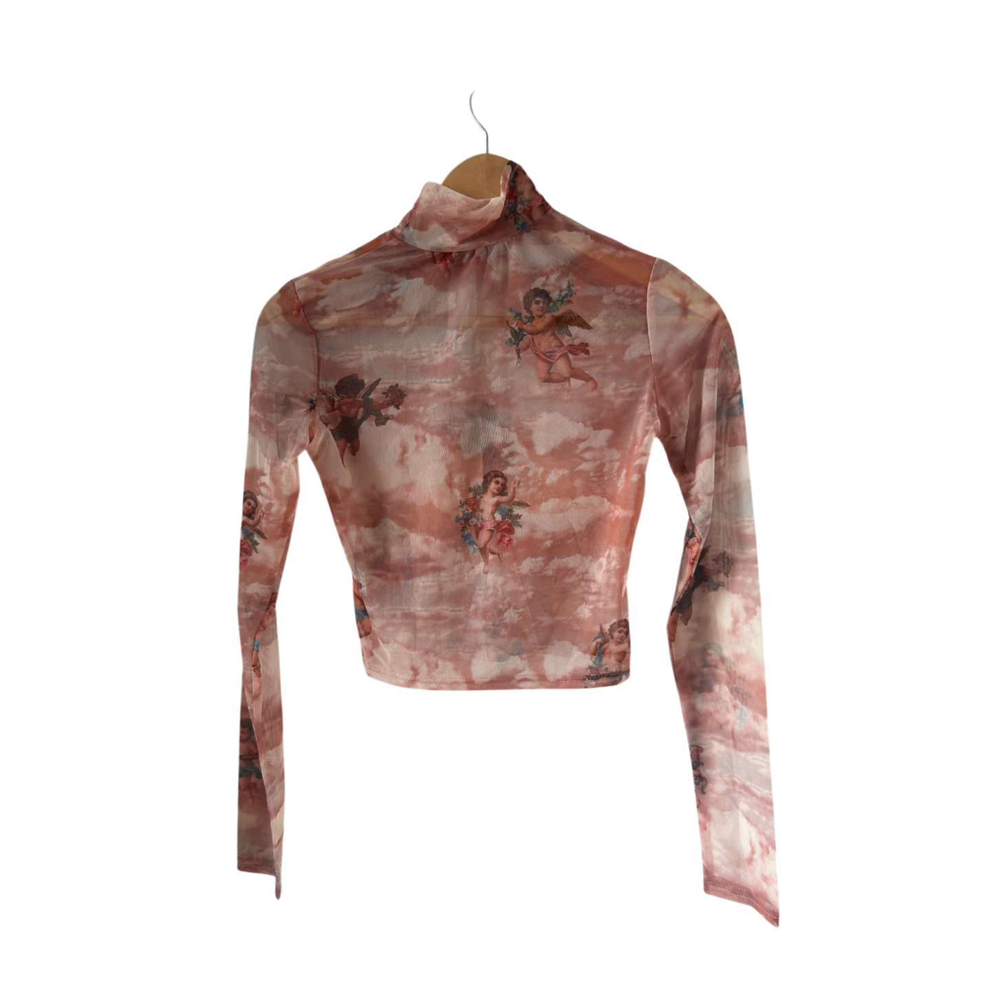 Engel Shirt Damen Mesh Bluse Top Gr M Transparent Langarm Rosa Himmel Figurbetont