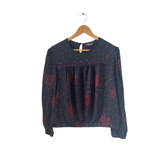 Yessica Bluse Damen Gr 38 Schwarz Rot Herzen Langarm Viskose Gummizug Elegant