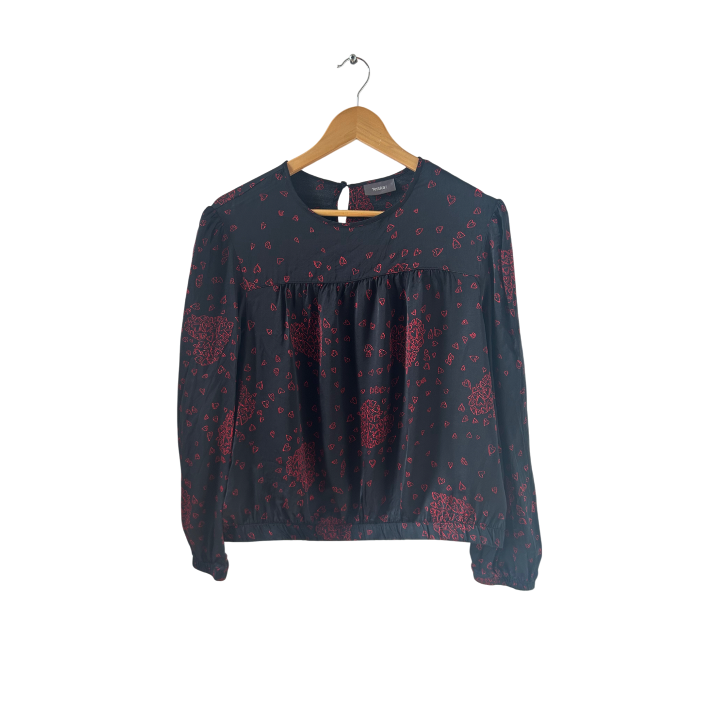 Yessica Bluse Damen Gr 38 Schwarz Rot Herzen Langarm Viskose Gummizug Elegant