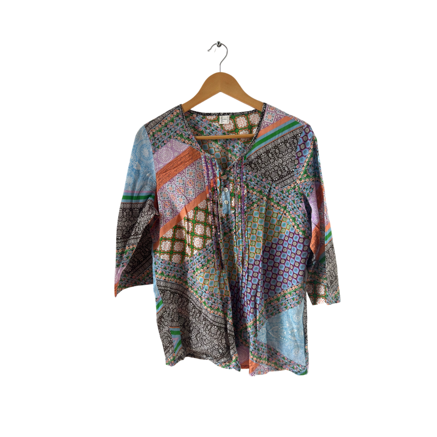 Boho Bluse Damen Gr 40 Patchwork Baumwolle Bunt 3/4 Arm Ethno Sommer Festival