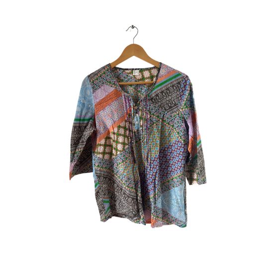 Boho Bluse Damen Gr 40 Patchwork Baumwolle Bunt 3/4 Arm Ethno Sommer Festival