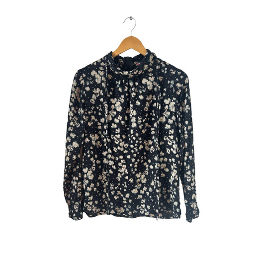 Street One Bluse Damen Gr 38 Schwarz Beige Blumen Langarm Elegant Reißverschluss