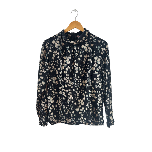 Street One Bluse Damen Gr 38 Schwarz Beige Blumen Langarm Elegant Reißverschluss