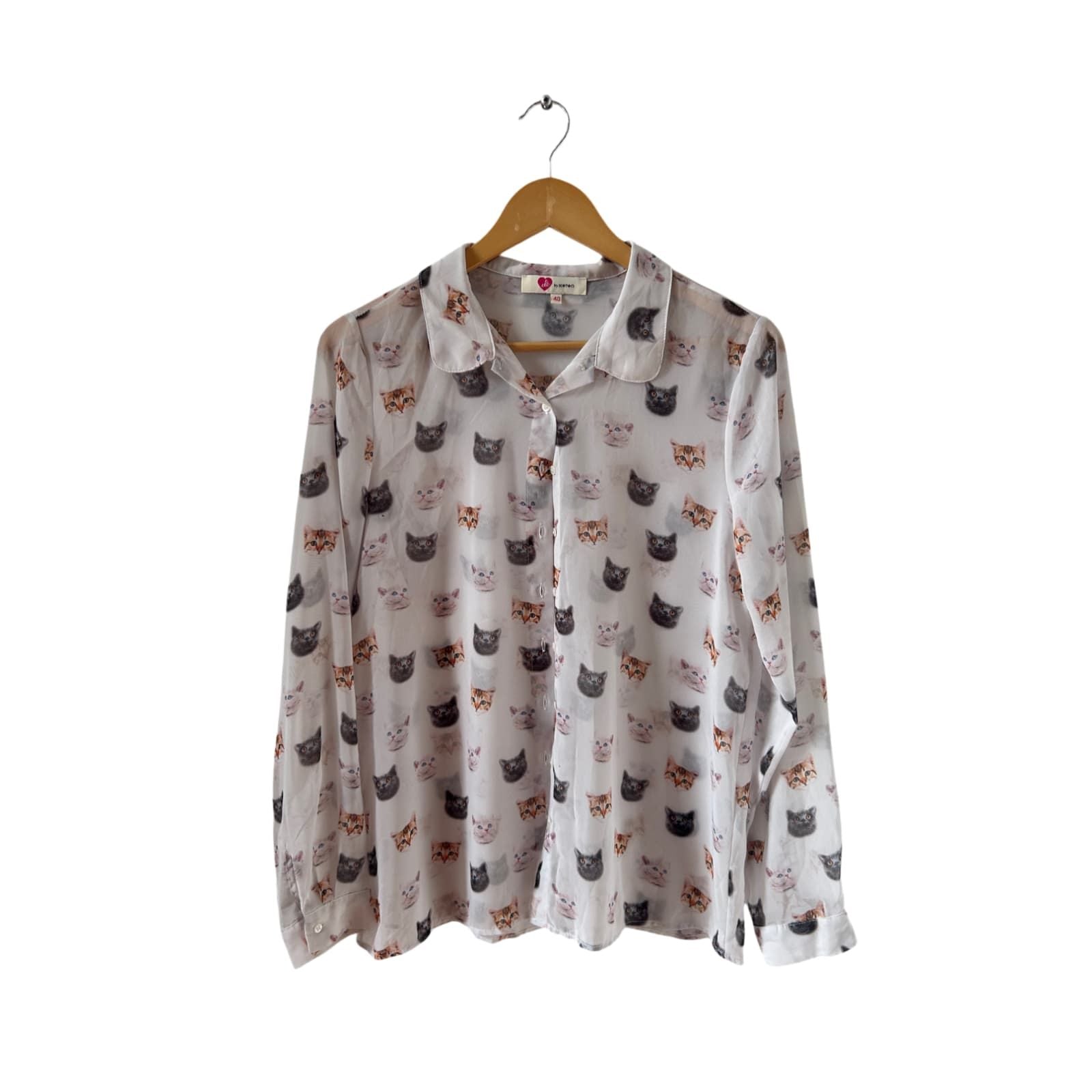 Ole by Koton Bluse Damen Gr 40 Weiß Transparent Katzenmuster Langarm Freizeit