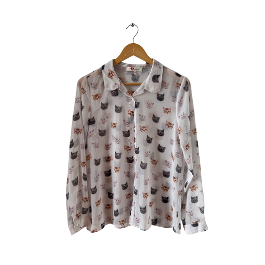 Ole by Koton Bluse Damen Gr 40 Weiß Transparent Katzenmuster Langarm Freizeit