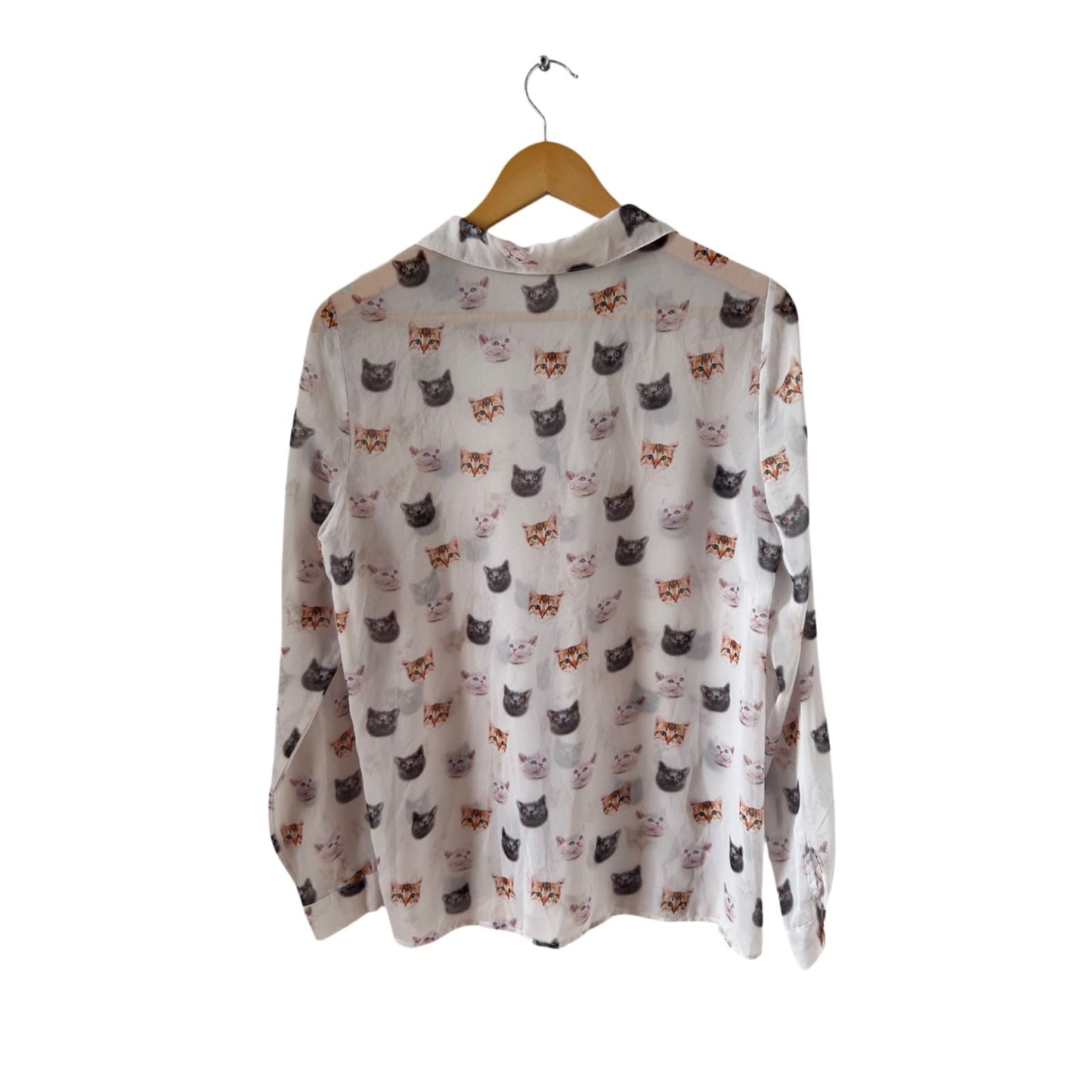 Ole by Koton Bluse Damen Gr 40 Weiß Transparent Katzenmuster Langarm Freizeit