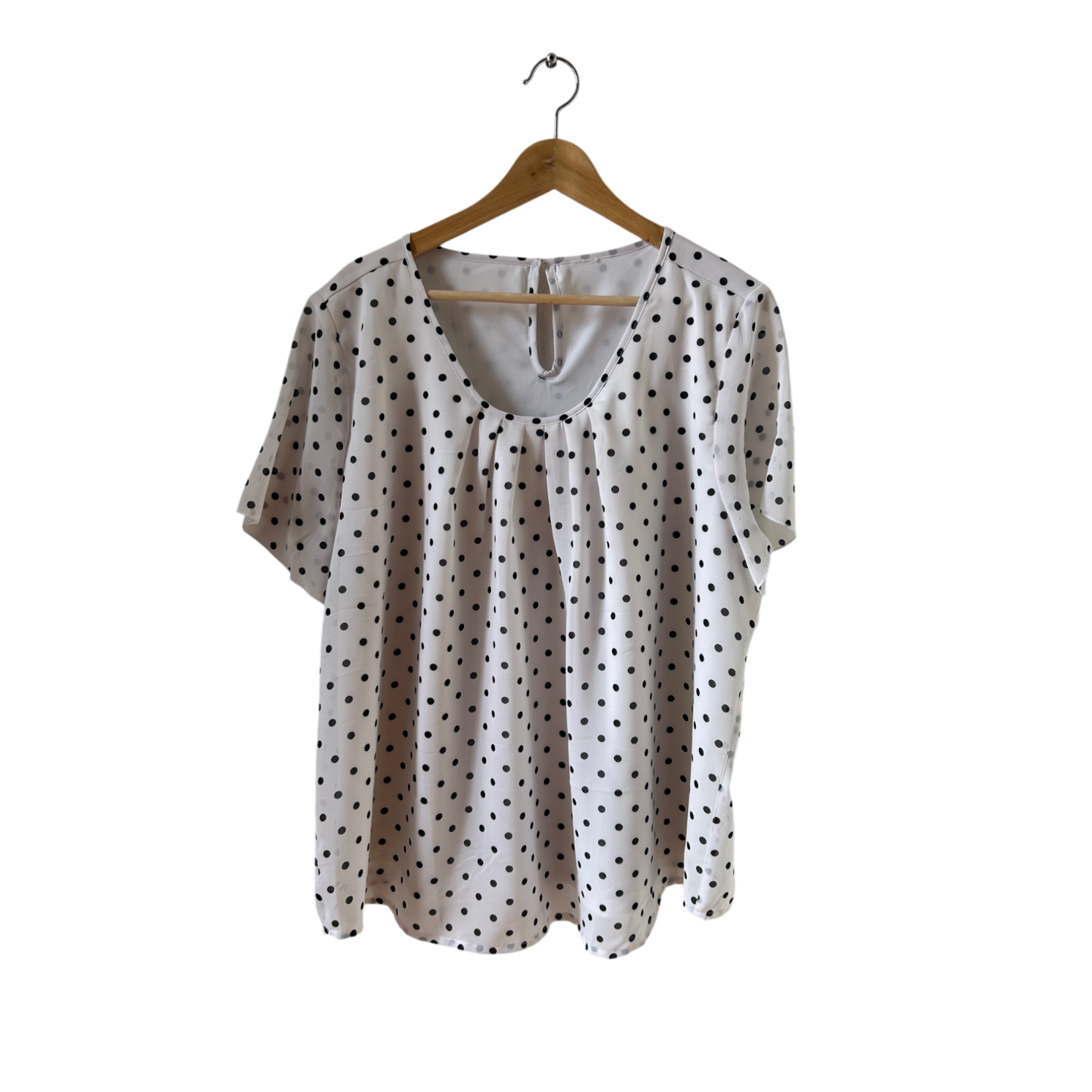 Infinity Bluse Damen Gr XL Weiß Schwarz Punkte Rundhals Kurzarm Sommer Elegant