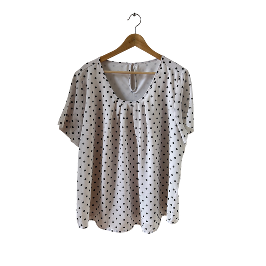 Infinity Bluse Damen Gr XL Weiß Schwarz Punkte Rundhals Kurzarm Sommer Elegant