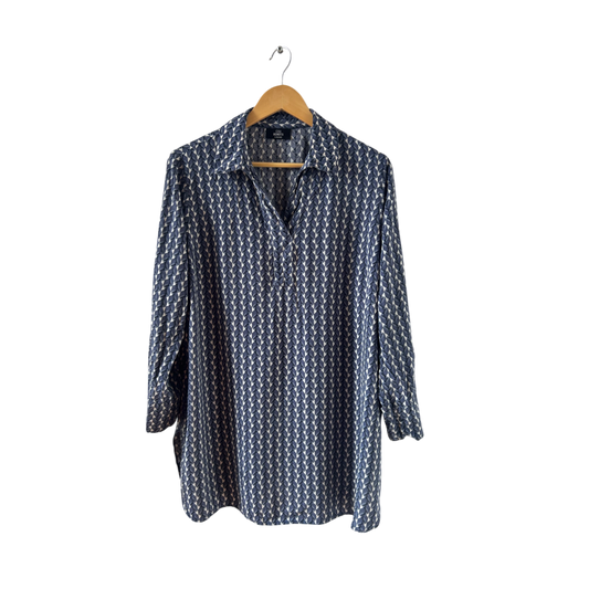 Gina Benotti Bluse Damen Gr L Blau Muster Langarm Viskose Freizeit Büro Modern