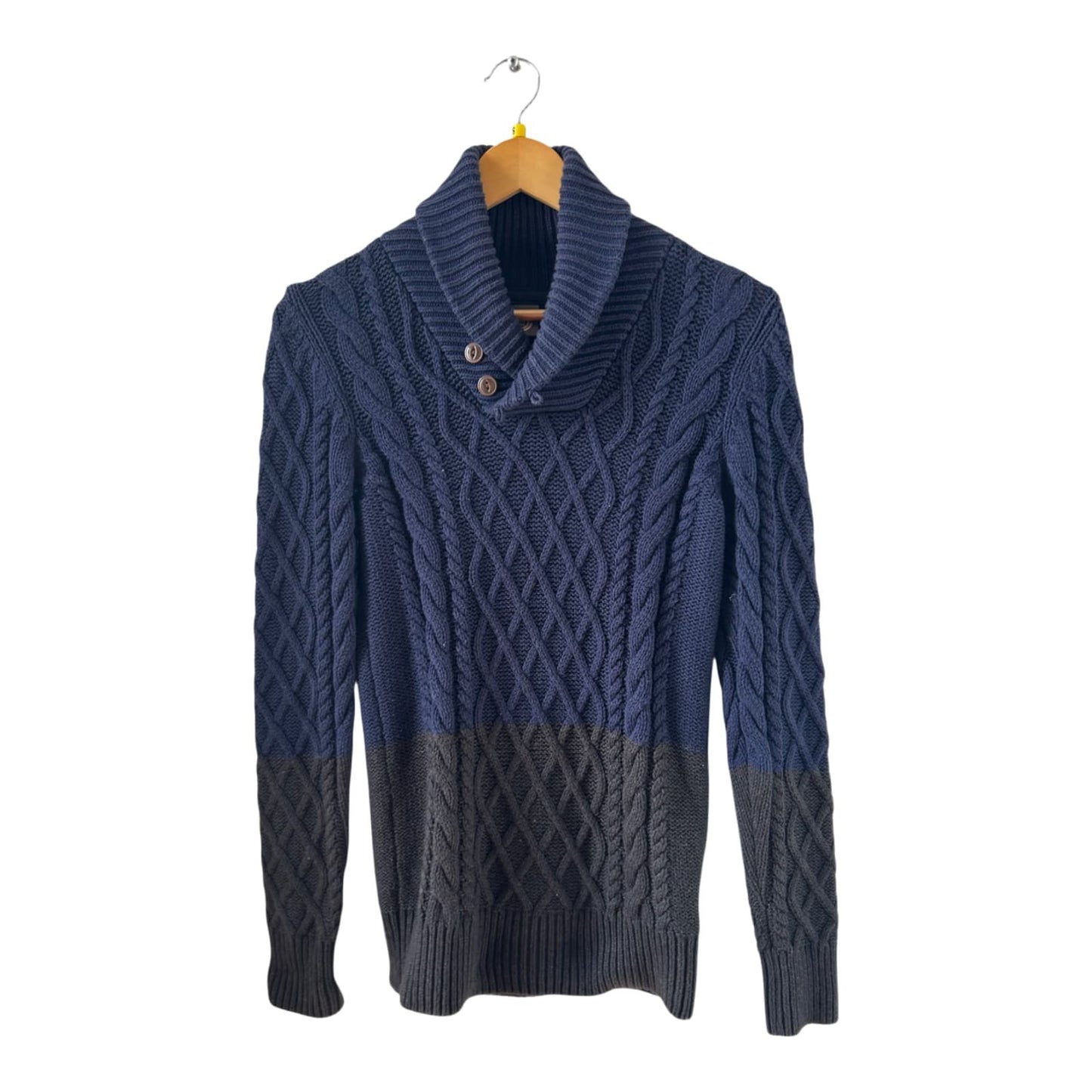 Element Strickpullover Herren S Blau Grau Baumwolle Schalkragen Zopfmuster Warm
