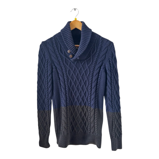 Element Strickpullover Herren S Blau Grau Baumwolle Schalkragen Zopfmuster Warm